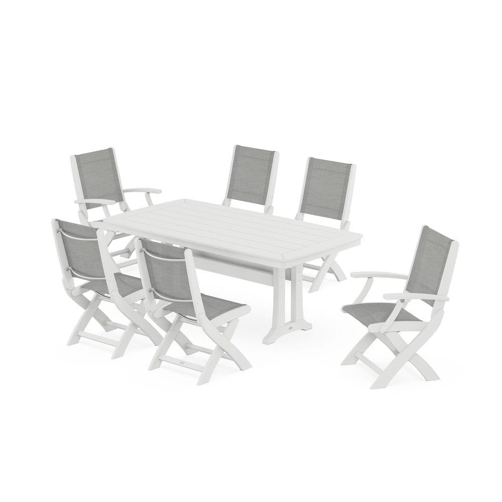 POLYWOOD® Outdoor Furniture White / Metallic Sling POLYWOOD® - Coastal Folding Chair 7-Piece Dining Set with Trestle Legs - PWS1037