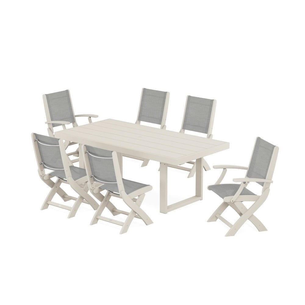 POLYWOOD® Outdoor Furniture Sand / Metallic Sling POLYWOOD® - Coastal Folding Chair 7-Piece Dining Set with Trestle Legs - PWS871