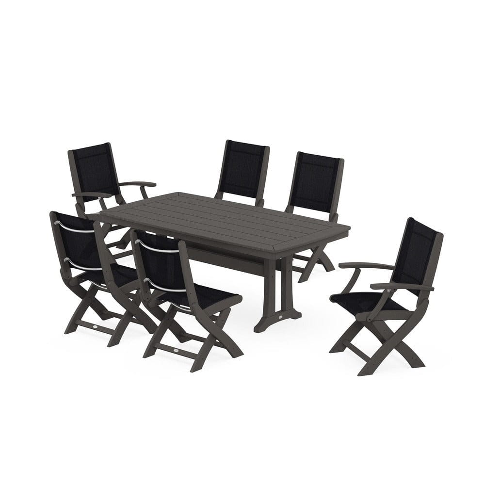 POLYWOOD® Outdoor Furniture Vintage Coffee / Black Sling POLYWOOD® - Coastal Folding Chair 7-Piece Dining Set with Trestle Legs - PWS1037