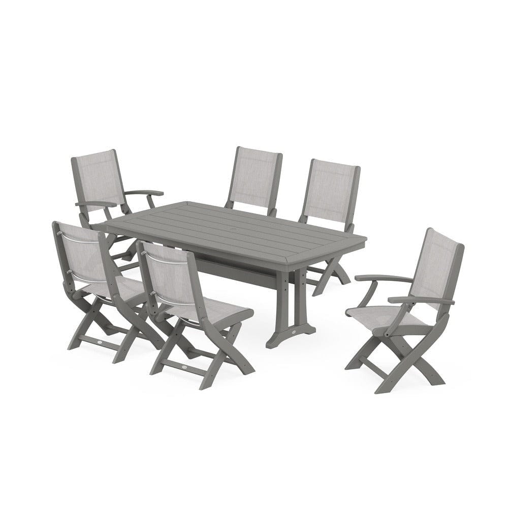 POLYWOOD® Outdoor Furniture Slate Grey / Parchment Sling POLYWOOD® - Coastal Folding Chair 7-Piece Dining Set with Trestle Legs - PWS1037