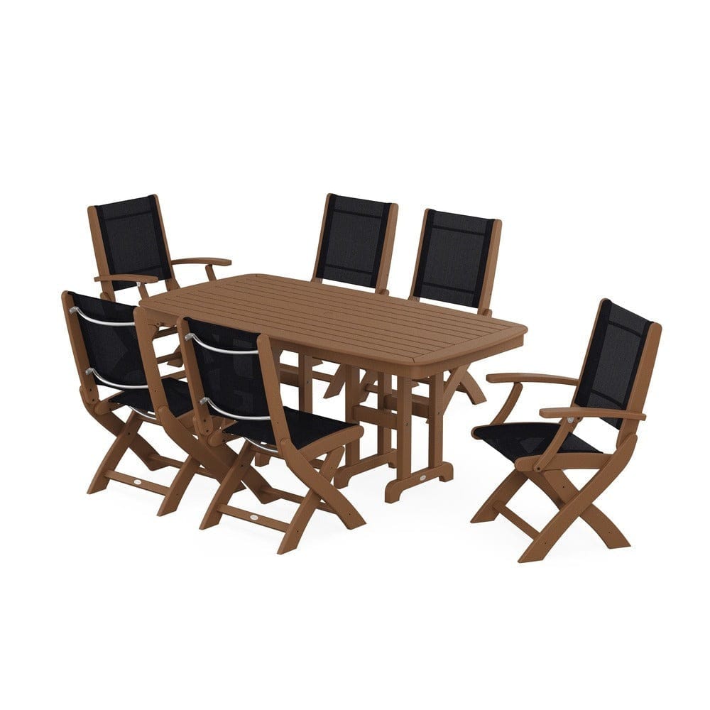POLYWOOD® Outdoor Furniture Teak / Black Sling POLYWOOD® - Coastal Folding Chair 7-Piece Dining Set - PWS1264