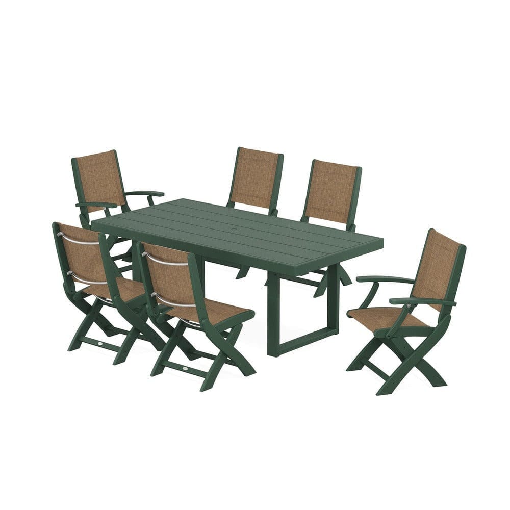 POLYWOOD® Outdoor Furniture Green / Burlap Sling POLYWOOD® - Coastal Folding Chair 7-Piece Dining Set with Trestle Legs - PWS871