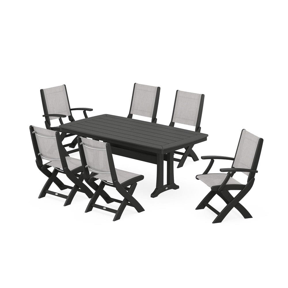 POLYWOOD® Outdoor Furniture Black / Parchment Sling POLYWOOD® - Coastal Folding Chair 7-Piece Dining Set with Trestle Legs - PWS1037