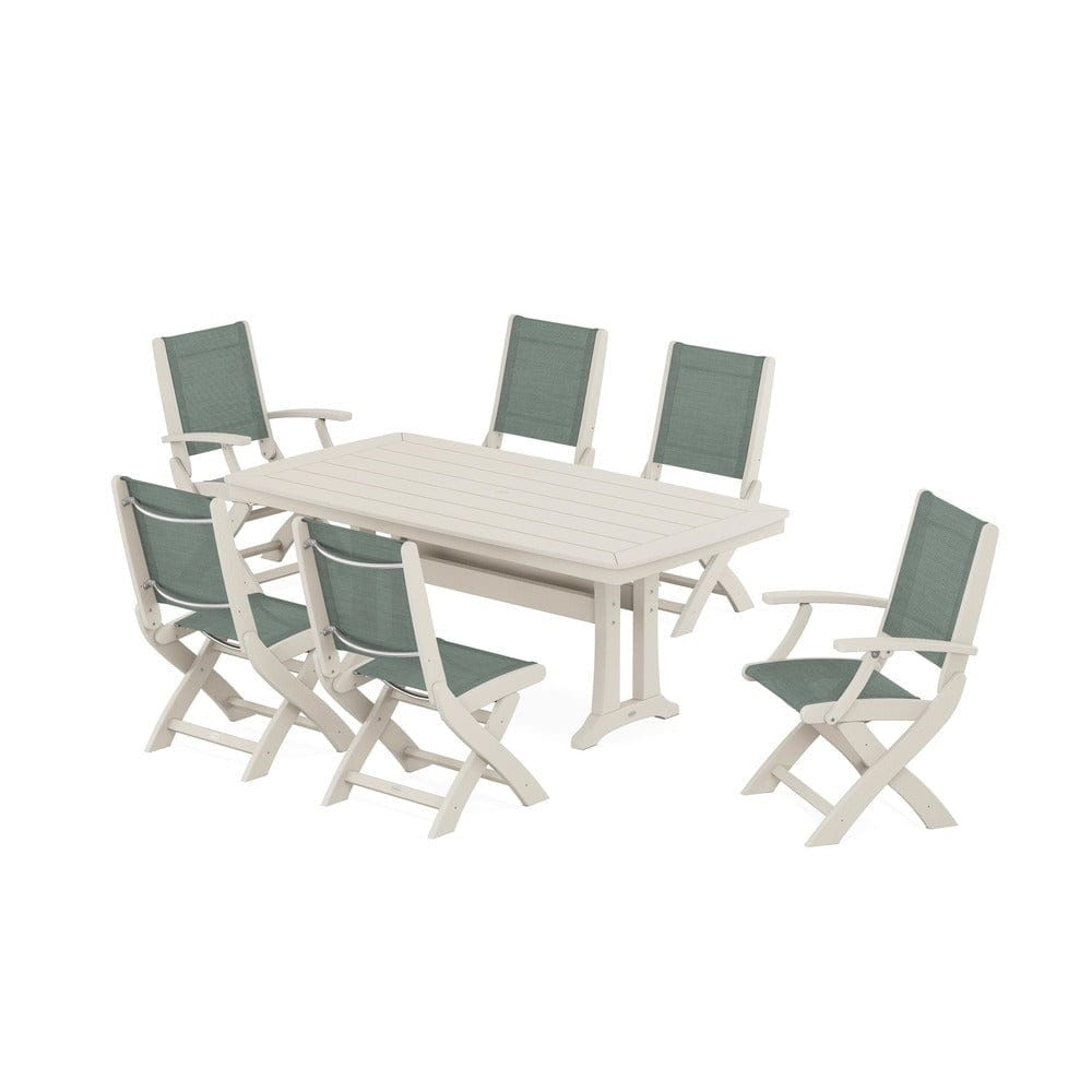 POLYWOOD® Outdoor Furniture Sand / Dupioni Sea Mist Sling POLYWOOD® - Coastal Folding Chair 7-Piece Dining Set with Trestle Legs - PWS1037