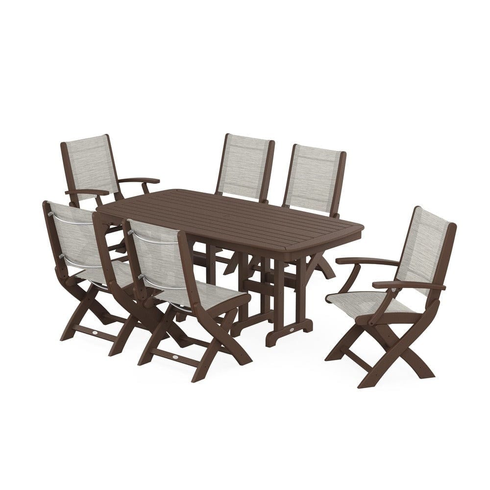 POLYWOOD® Outdoor Furniture Mahogany / Birch Sling POLYWOOD® - Coastal Folding Chair 7-Piece Dining Set - PWS1264