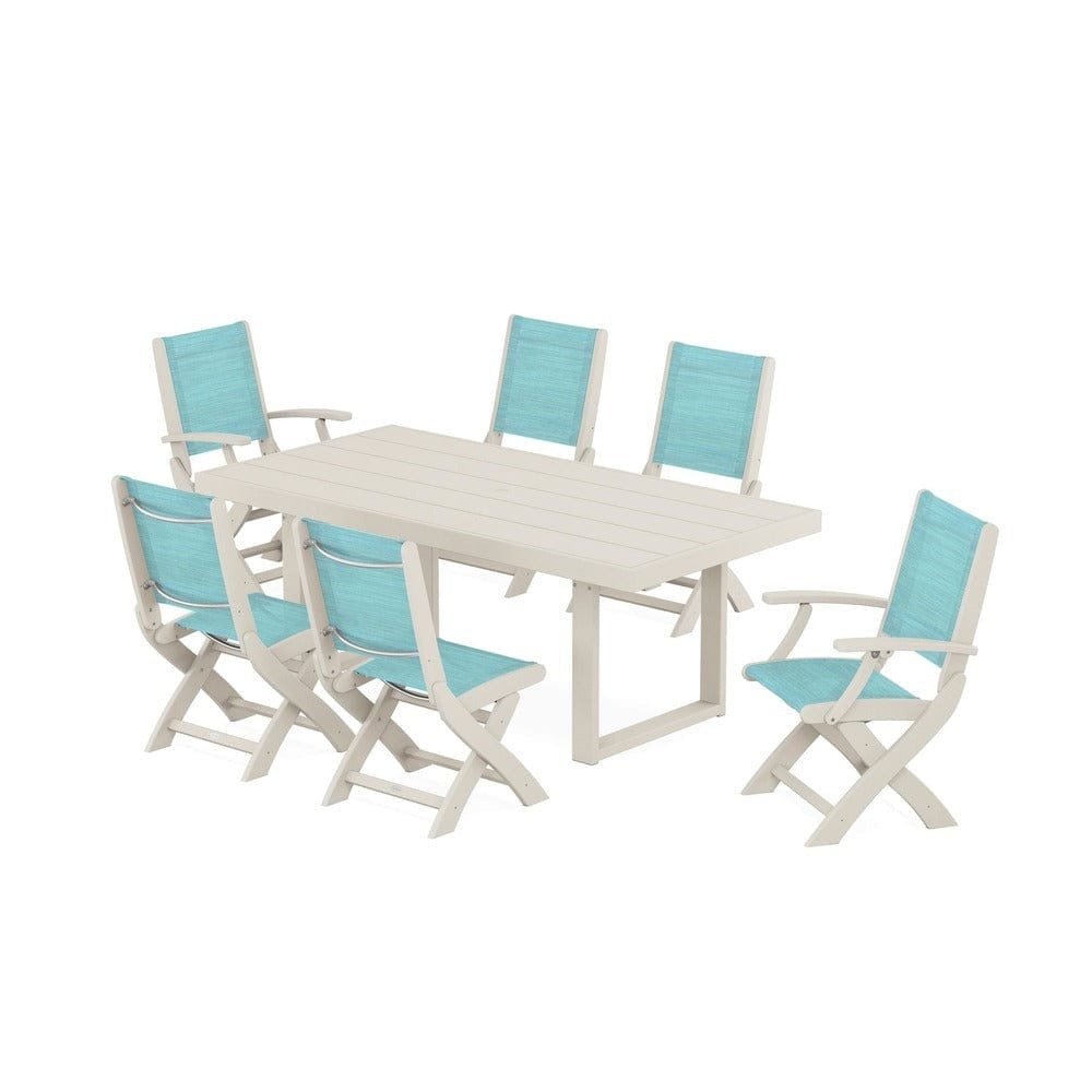 POLYWOOD® Outdoor Furniture Sand / Dupioni Aquamarine Sling POLYWOOD® - Coastal Folding Chair 7-Piece Dining Set with Trestle Legs - PWS871