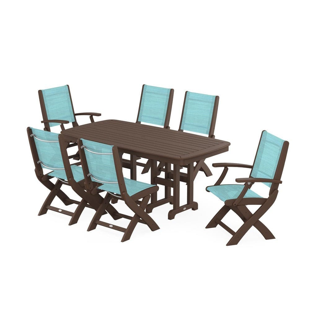 POLYWOOD® Outdoor Furniture Mahogany / Dupioni Aquamarine Sling POLYWOOD® - Coastal Folding Chair 7-Piece Dining Set - PWS1264