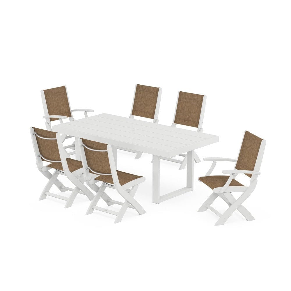 POLYWOOD® Outdoor Furniture White / Burlap Sling POLYWOOD® - Coastal Folding Chair 7-Piece Dining Set with Trestle Legs - PWS871