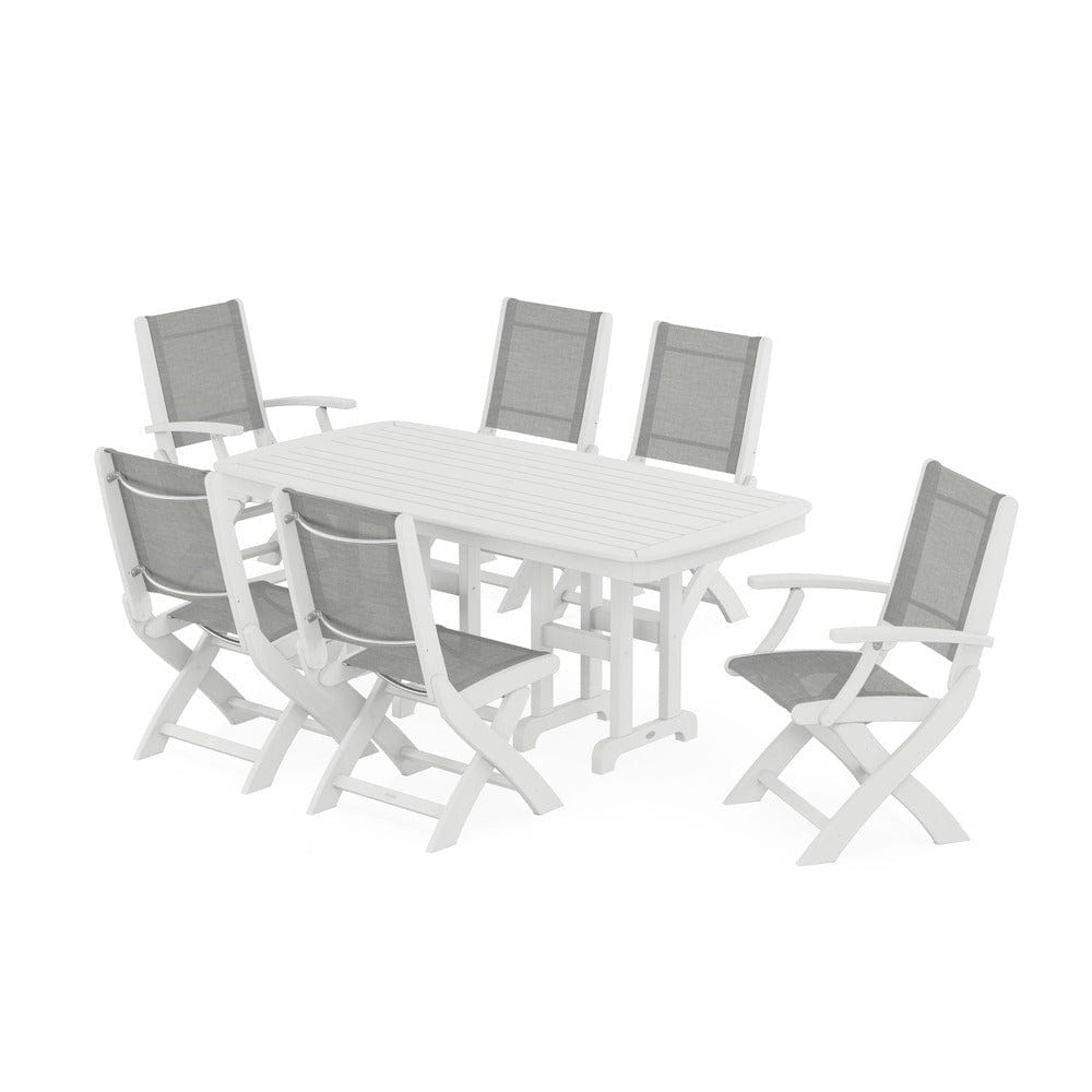 POLYWOOD® Outdoor Furniture White / Metallic Sling POLYWOOD® - Coastal Folding Chair 7-Piece Dining Set - PWS1264