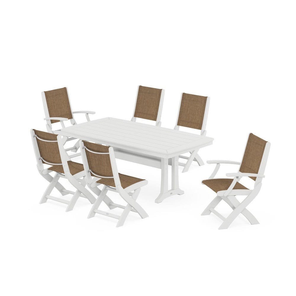 POLYWOOD® Outdoor Furniture White / Burlap Sling POLYWOOD® - Coastal Folding Chair 7-Piece Dining Set with Trestle Legs - PWS1037