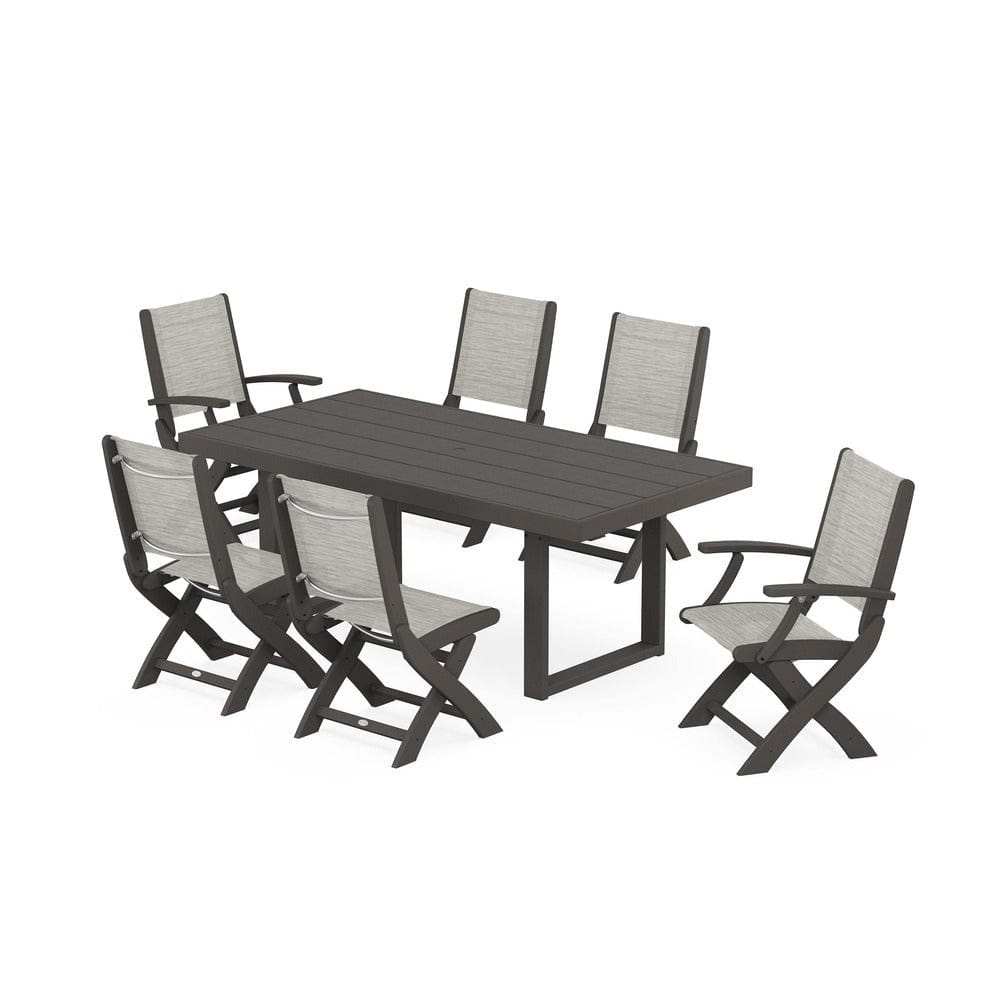 POLYWOOD® Outdoor Furniture Vintage Coffee / Birch Sling POLYWOOD® - Coastal Folding Chair 7-Piece Dining Set with Trestle Legs - PWS871