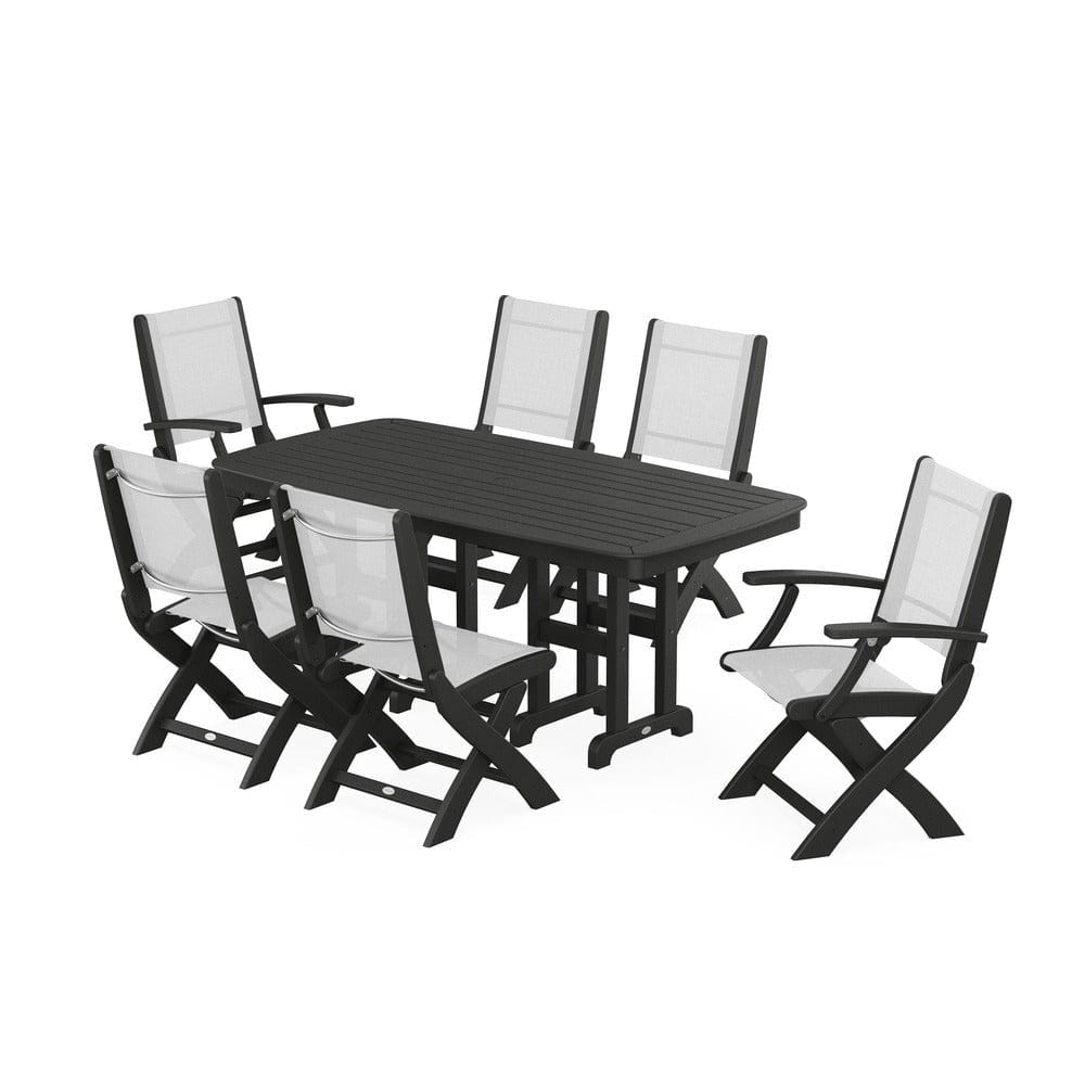 POLYWOOD® Outdoor Furniture Black / White Sling POLYWOOD® - Coastal Folding Chair 7-Piece Dining Set - PWS1264