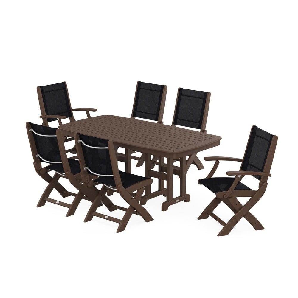 POLYWOOD® Outdoor Furniture Mahogany / Black Sling POLYWOOD® - Coastal Folding Chair 7-Piece Dining Set - PWS1264