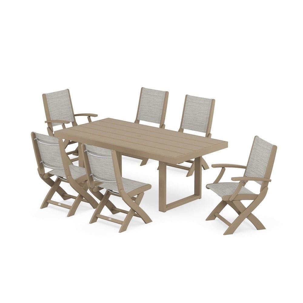 POLYWOOD® Outdoor Furniture Vintage Sahara / Birch Sling POLYWOOD® - Coastal Folding Chair 7-Piece Dining Set with Trestle Legs - PWS871