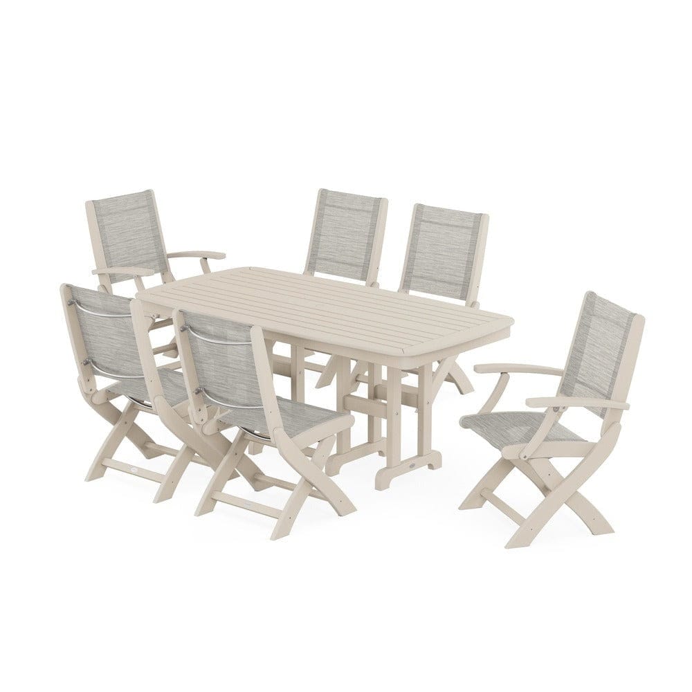 POLYWOOD® Outdoor Furniture Sand / Birch Sling POLYWOOD® - Coastal Folding Chair 7-Piece Dining Set - PWS1264