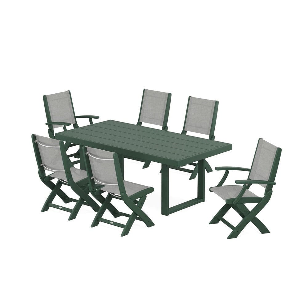 POLYWOOD® Outdoor Furniture Green / Metallic Sling POLYWOOD® - Coastal Folding Chair 7-Piece Dining Set with Trestle Legs - PWS871