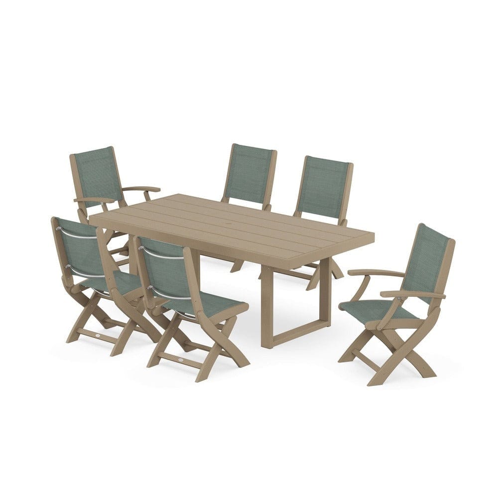 POLYWOOD® Outdoor Furniture POLYWOOD® - Coastal Folding Chair 7-Piece Dining Set with Trestle Legs - PWS871