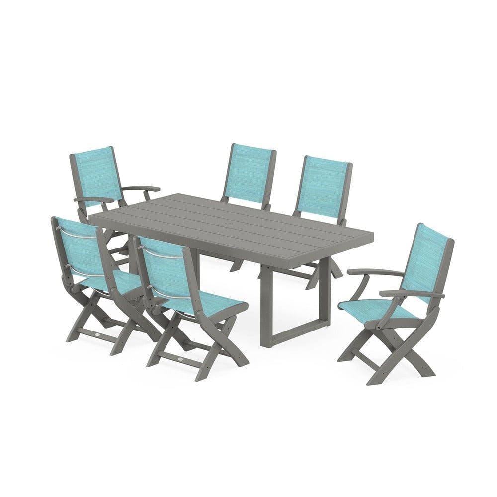 POLYWOOD® Outdoor Furniture Slate Grey / Dupioni Aquamarine Sling POLYWOOD® - Coastal Folding Chair 7-Piece Dining Set with Trestle Legs - PWS871