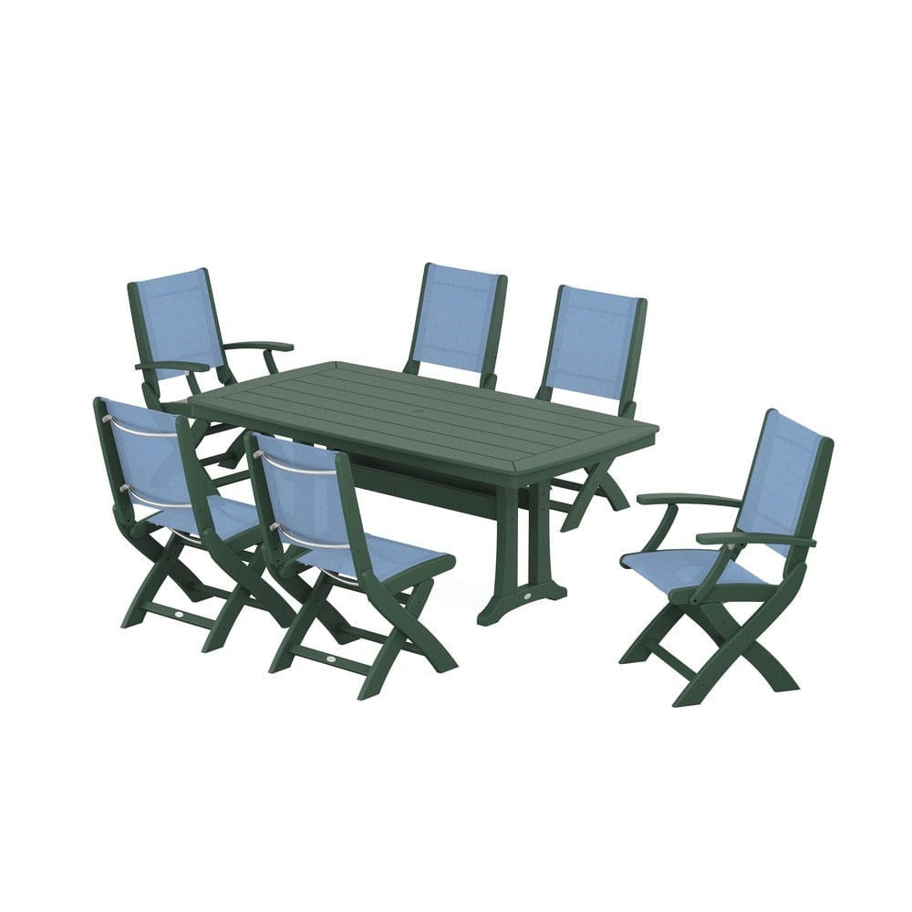 POLYWOOD® Outdoor Furniture Green / Poolside Sling POLYWOOD® - Coastal Folding Chair 7-Piece Dining Set with Trestle Legs - PWS1037