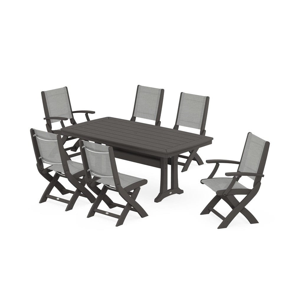POLYWOOD® Outdoor Furniture Vintage Coffee / Metallic Sling POLYWOOD® - Coastal Folding Chair 7-Piece Dining Set with Trestle Legs - PWS1037