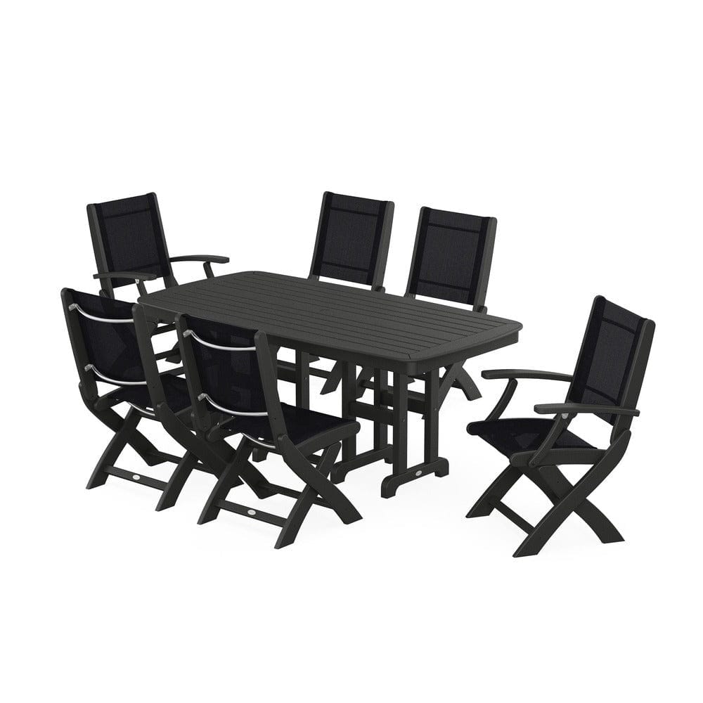 POLYWOOD® Outdoor Furniture Black / Black Sling POLYWOOD® - Coastal Folding Chair 7-Piece Dining Set - PWS1264