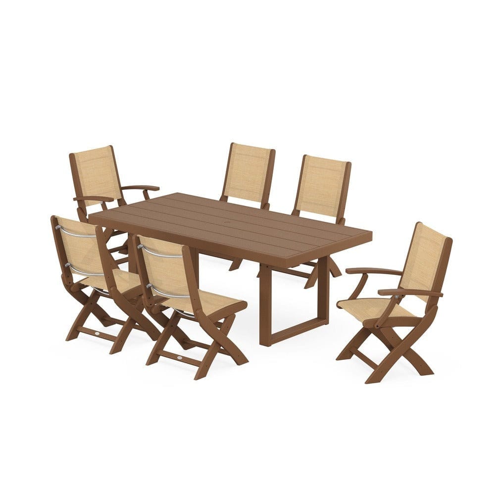 POLYWOOD® Outdoor Furniture Teak / Dupioni Apricot Sling POLYWOOD® - Coastal Folding Chair 7-Piece Dining Set with Trestle Legs - PWS871