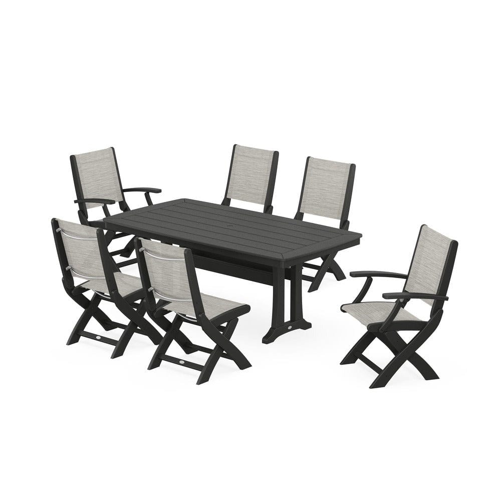 POLYWOOD® Outdoor Furniture Black / Birch Sling POLYWOOD® - Coastal Folding Chair 7-Piece Dining Set with Trestle Legs - PWS1037