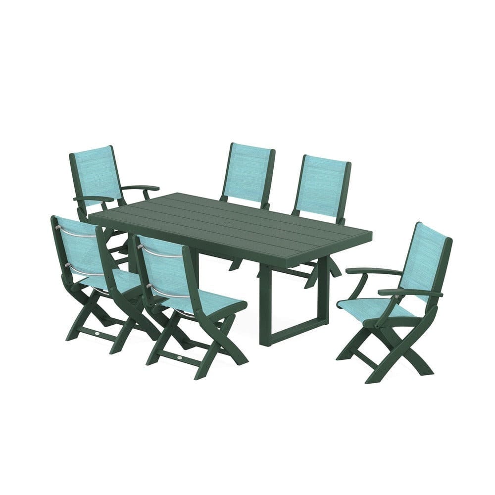 POLYWOOD® Outdoor Furniture Green / Dupioni Aquamarine Sling POLYWOOD® - Coastal Folding Chair 7-Piece Dining Set with Trestle Legs - PWS871