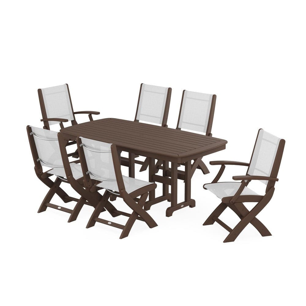 POLYWOOD® Outdoor Furniture Mahogany / White Sling POLYWOOD® - Coastal Folding Chair 7-Piece Dining Set - PWS1264