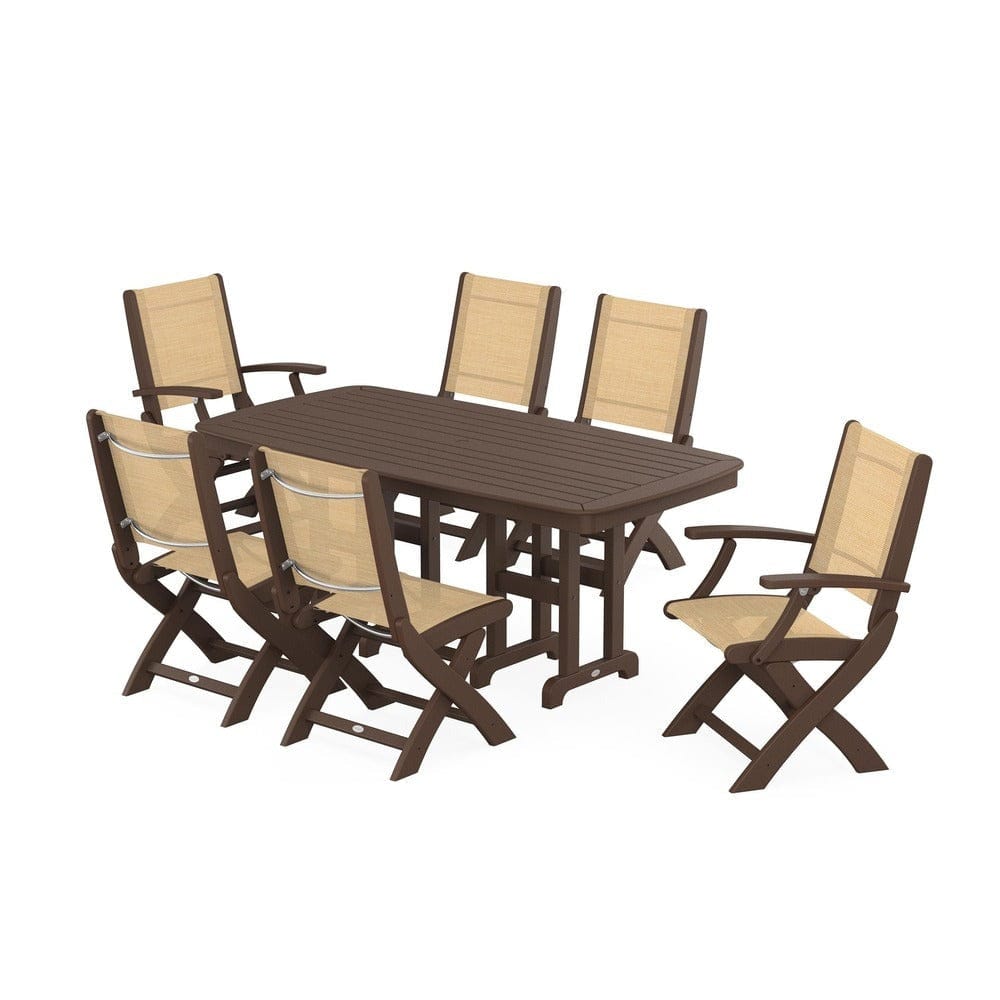 POLYWOOD® Outdoor Furniture Mahogany / Dupioni Apricot Sling POLYWOOD® - Coastal Folding Chair 7-Piece Dining Set - PWS1264