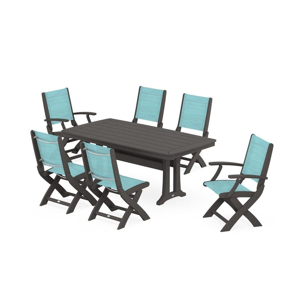 POLYWOOD® - Coastal Folding Chair 7-Piece Dining Set with Trestle Legs - PWS1037 Outdoor Furniture POLYWOOD®