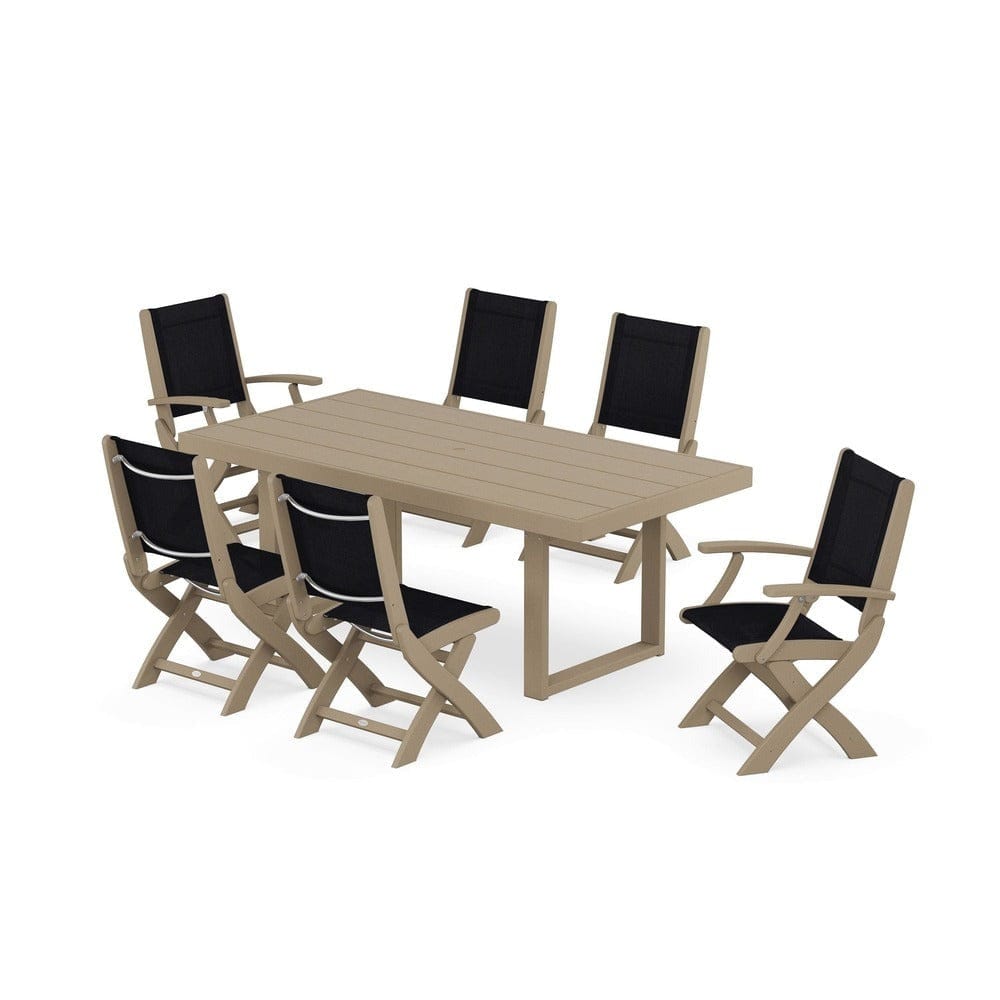 POLYWOOD® Outdoor Furniture POLYWOOD® - Coastal Folding Chair 7-Piece Dining Set with Trestle Legs - PWS871