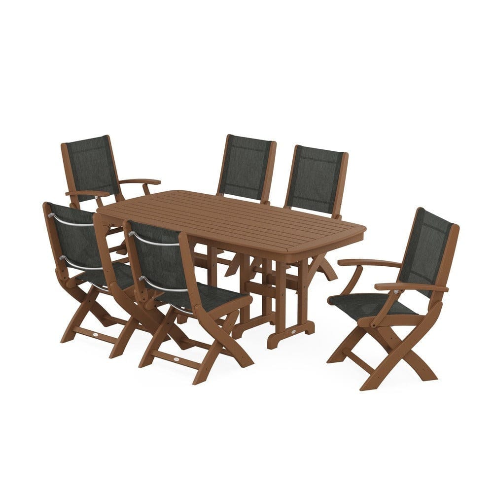 POLYWOOD® Outdoor Furniture Teak / Ember Sling POLYWOOD® - Coastal Folding Chair 7-Piece Dining Set - PWS1264