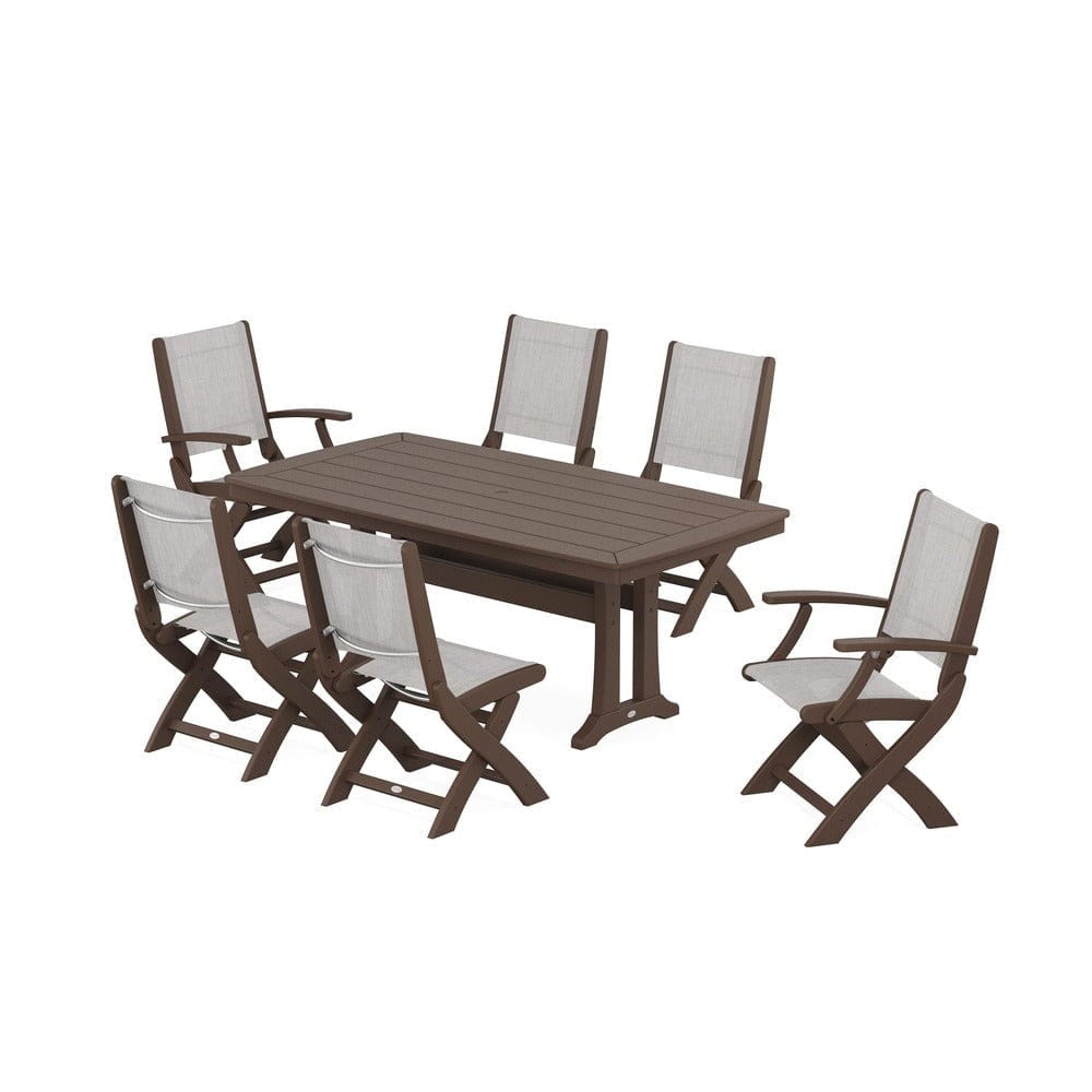 POLYWOOD® Outdoor Furniture Mahogany / Parchment Sling POLYWOOD® - Coastal Folding Chair 7-Piece Dining Set with Trestle Legs - PWS1037