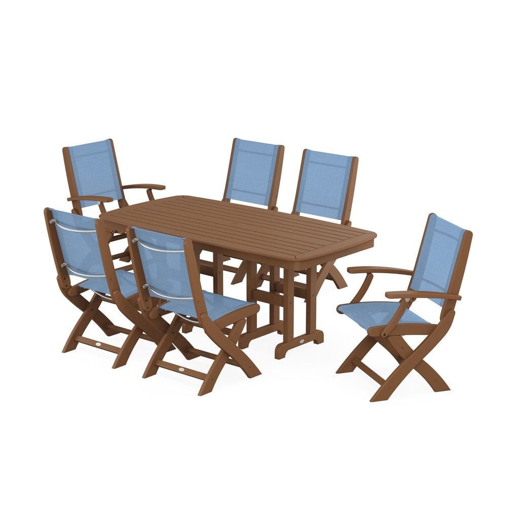 POLYWOOD® Outdoor Furniture Teak / Poolside Sling POLYWOOD® - Coastal Folding Chair 7-Piece Dining Set - PWS1264