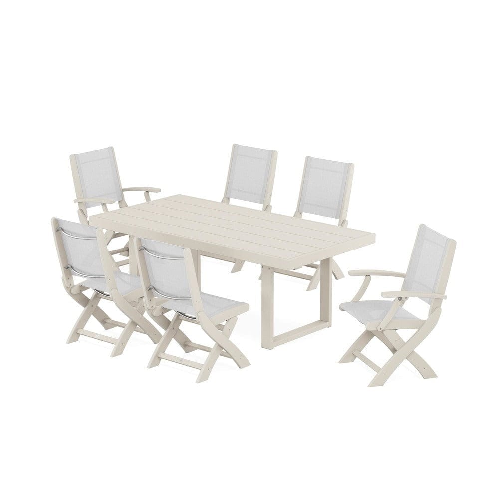 POLYWOOD® Outdoor Furniture Sand / White Sling POLYWOOD® - Coastal Folding Chair 7-Piece Dining Set with Trestle Legs - PWS871