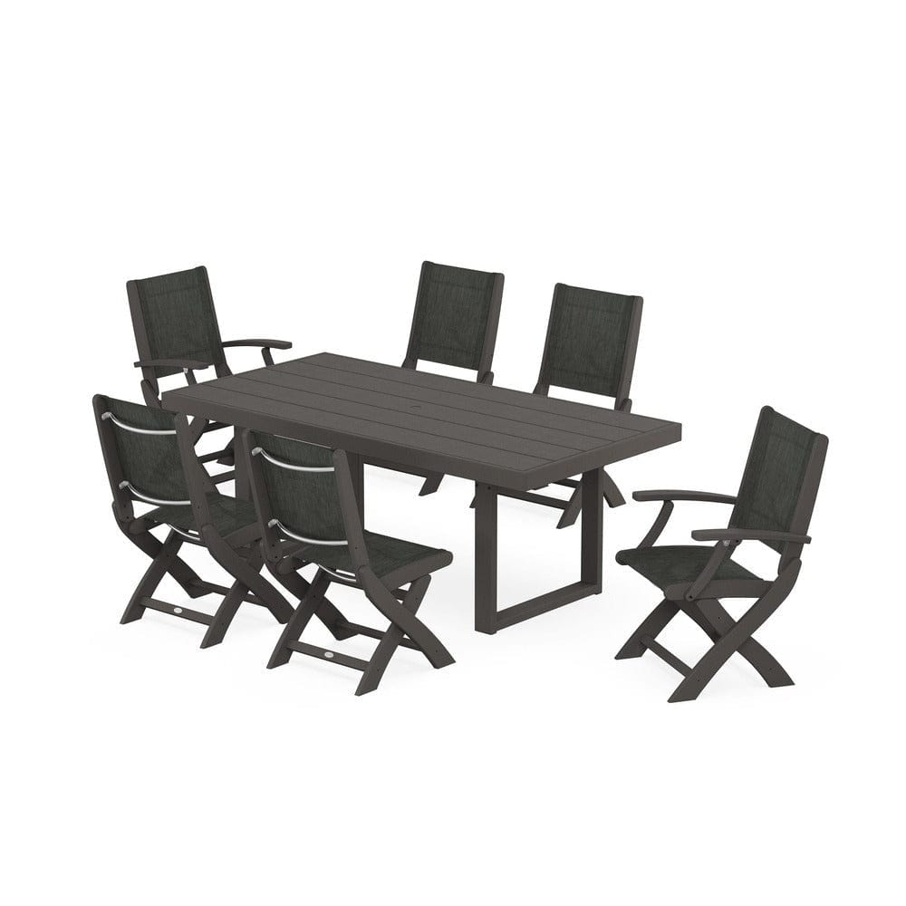 POLYWOOD® Outdoor Furniture POLYWOOD® - Coastal Folding Chair 7-Piece Dining Set with Trestle Legs - PWS871