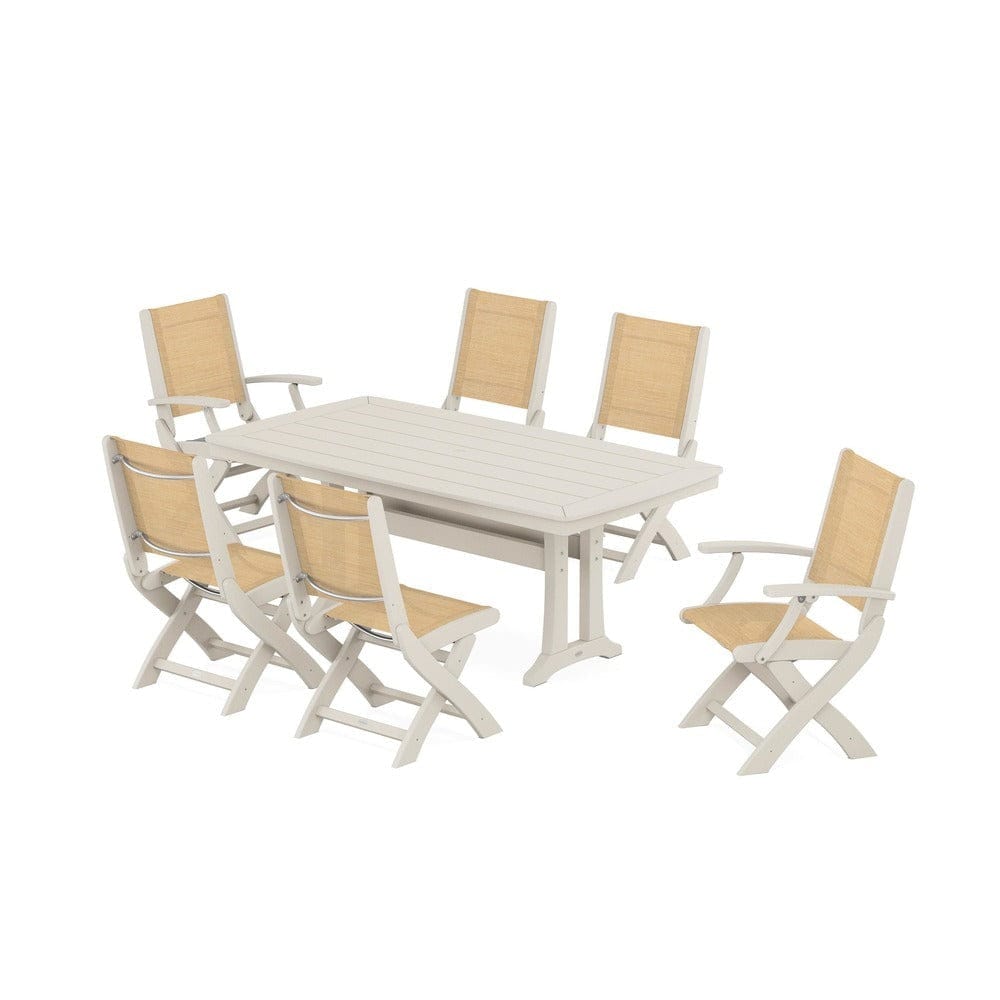 POLYWOOD® Outdoor Furniture Sand / Dupioni Apricot Sling POLYWOOD® - Coastal Folding Chair 7-Piece Dining Set with Trestle Legs - PWS1037