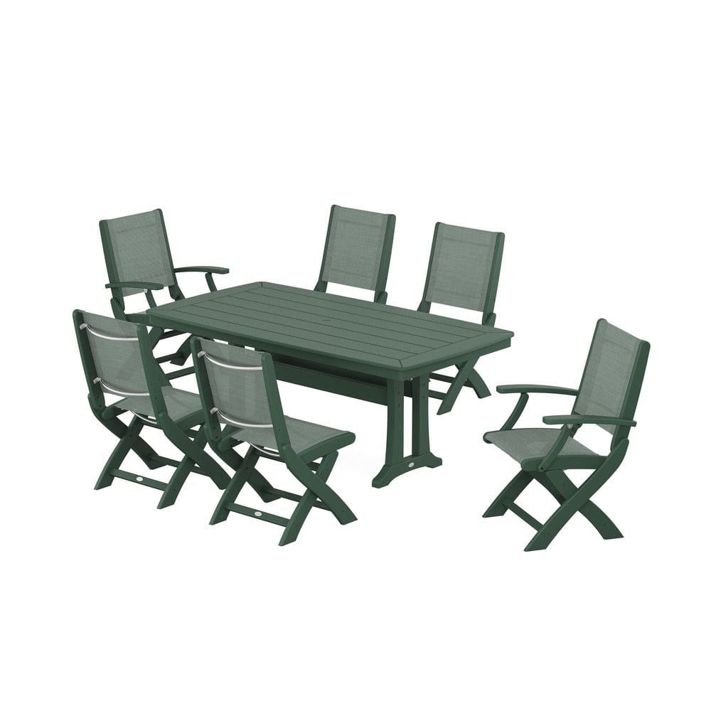 POLYWOOD® Outdoor Furniture Green / Dupioni Sea Mist Sling POLYWOOD® - Coastal Folding Chair 7-Piece Dining Set with Trestle Legs - PWS1037