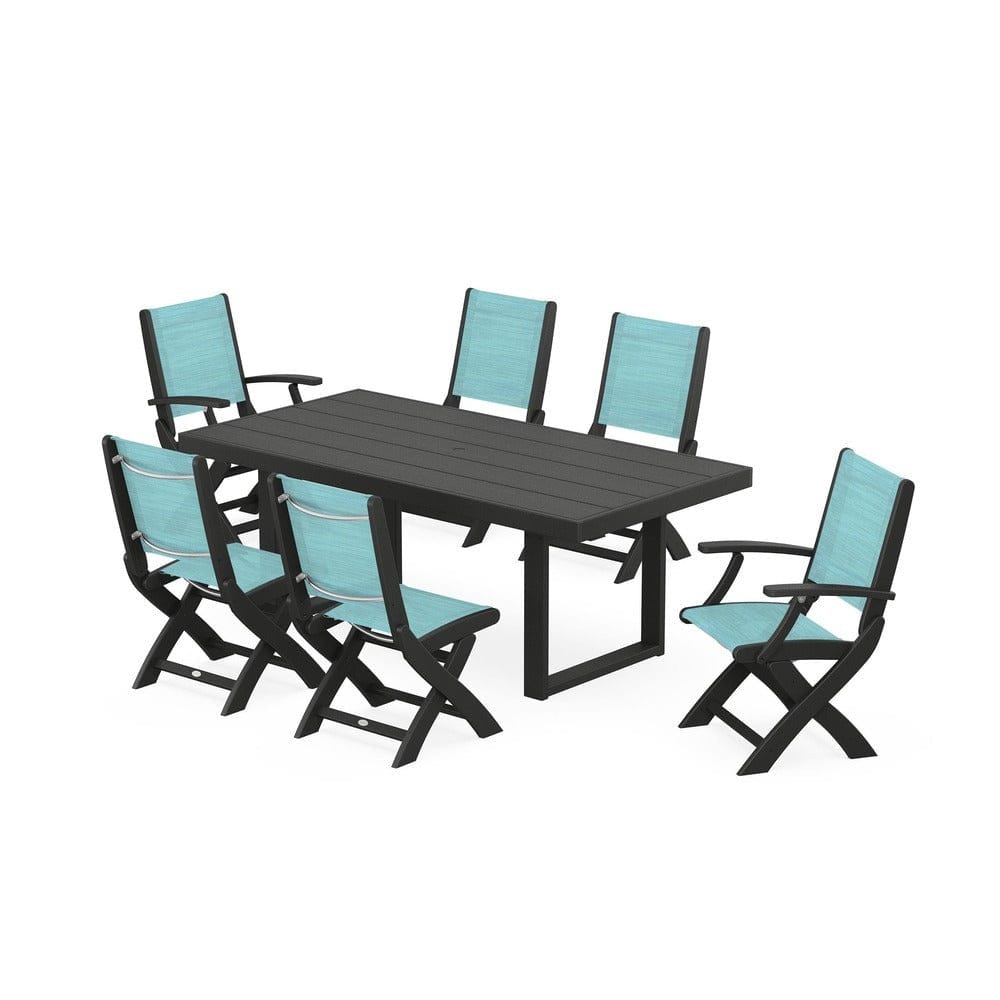 POLYWOOD® Outdoor Furniture Black / Dupioni Aquamarine Sling POLYWOOD® - Coastal Folding Chair 7-Piece Dining Set with Trestle Legs - PWS871
