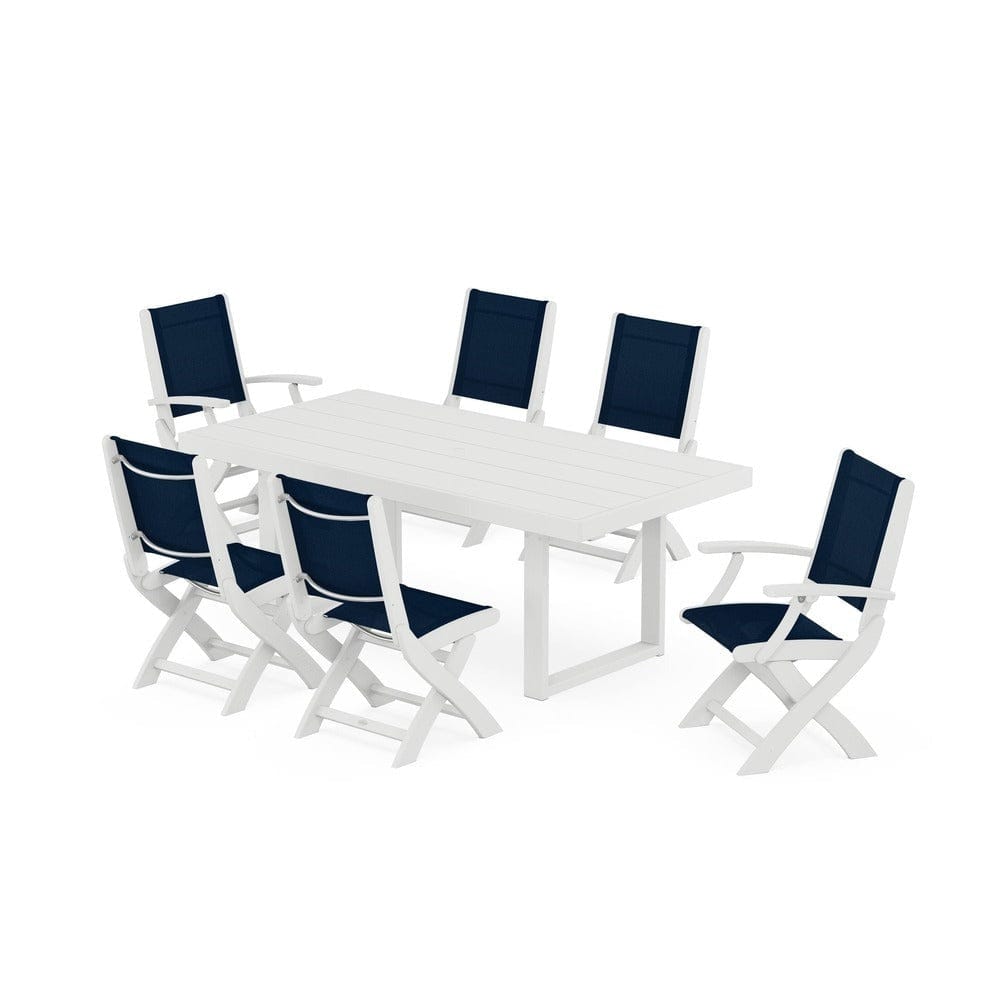 POLYWOOD® Outdoor Furniture White / Navy Blue Sling POLYWOOD® - Coastal Folding Chair 7-Piece Dining Set with Trestle Legs - PWS871