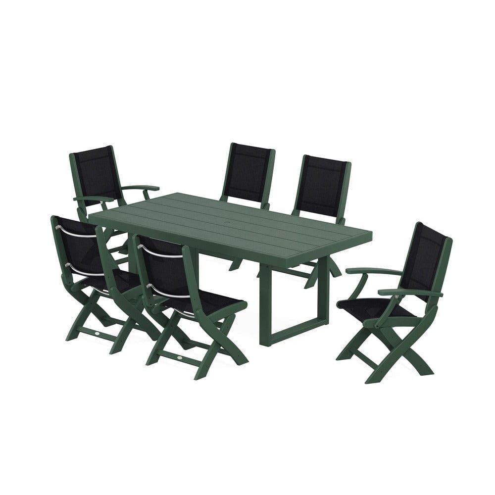 POLYWOOD® Outdoor Furniture Green / Black Sling POLYWOOD® - Coastal Folding Chair 7-Piece Dining Set with Trestle Legs - PWS871