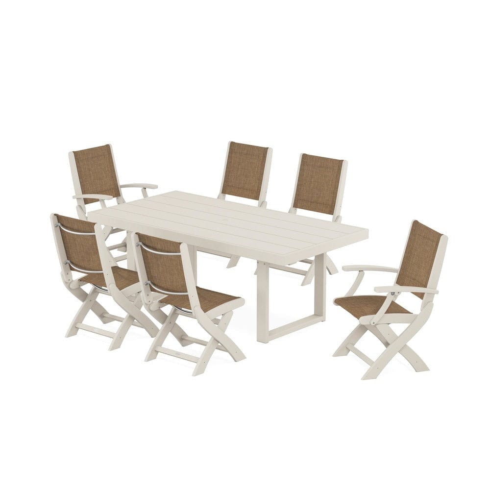 POLYWOOD® Outdoor Furniture Sand / Burlap Sling POLYWOOD® - Coastal Folding Chair 7-Piece Dining Set with Trestle Legs - PWS871