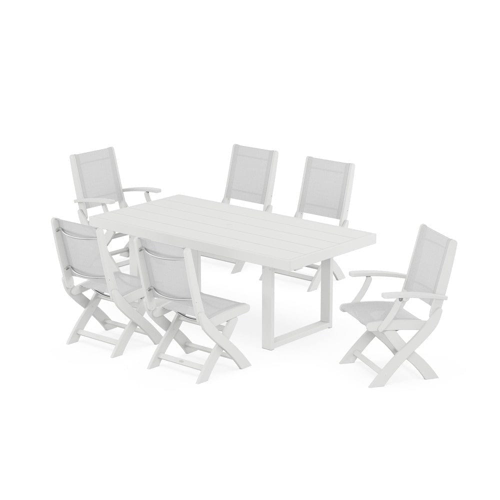 POLYWOOD® Outdoor Furniture White / White Sling POLYWOOD® - Coastal Folding Chair 7-Piece Dining Set with Trestle Legs - PWS871