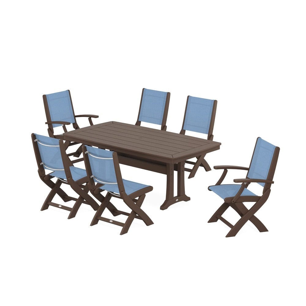 POLYWOOD® Outdoor Furniture Mahogany / Poolside Sling POLYWOOD® - Coastal Folding Chair 7-Piece Dining Set with Trestle Legs - PWS1037
