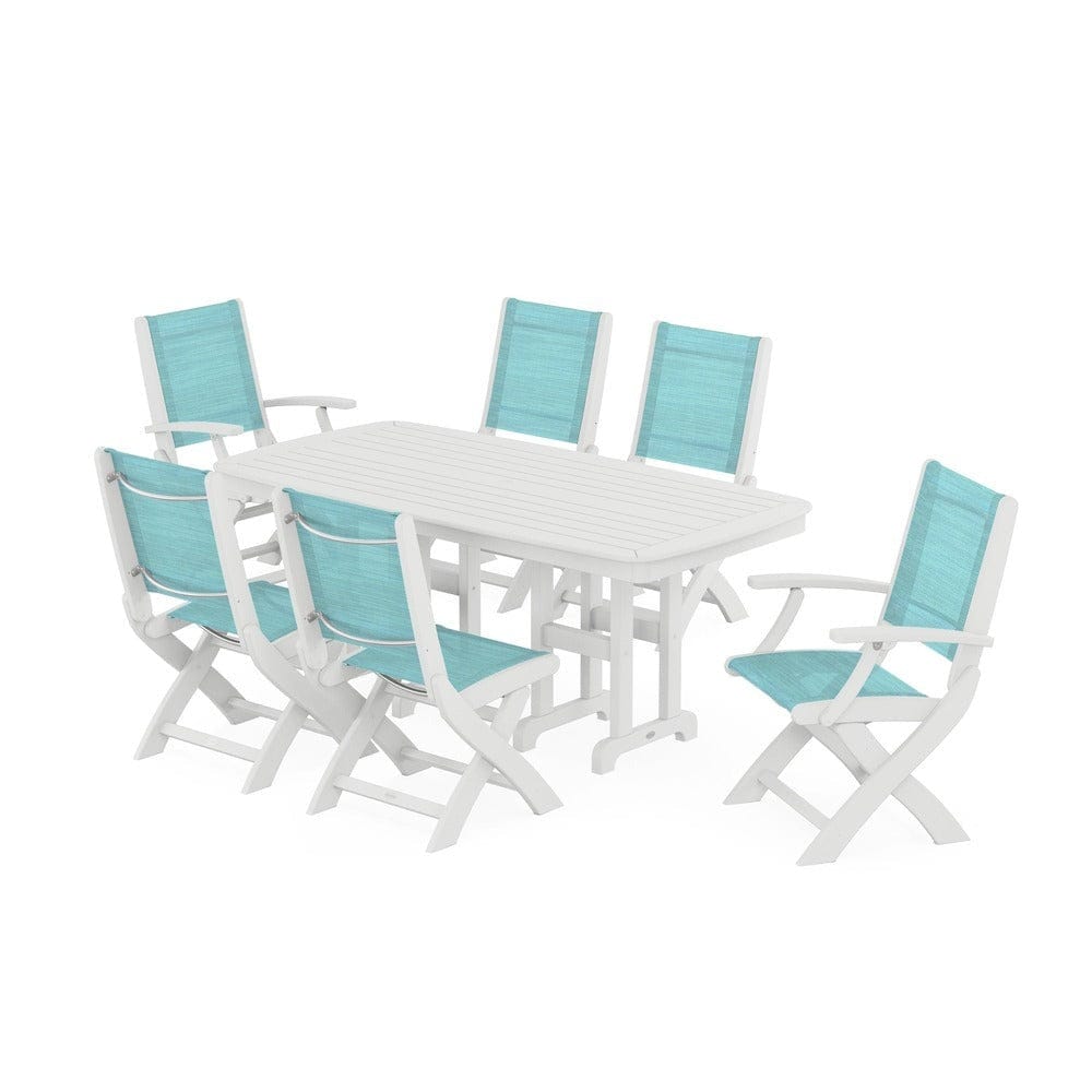 POLYWOOD® Outdoor Furniture White / Dupioni Aquamarine Sling POLYWOOD® - Coastal Folding Chair 7-Piece Dining Set - PWS1264