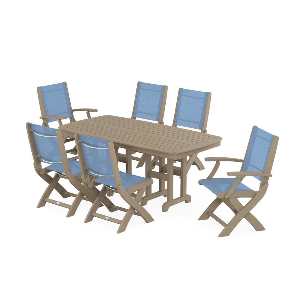 POLYWOOD® Outdoor Furniture Vintage Sahara / Poolside Sling POLYWOOD® - Coastal Folding Chair 7-Piece Dining Set - PWS1264