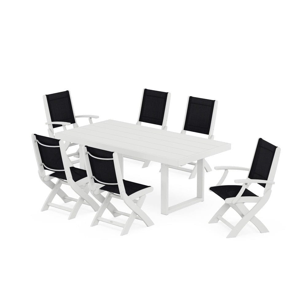 POLYWOOD® Outdoor Furniture White / Black Sling POLYWOOD® - Coastal Folding Chair 7-Piece Dining Set with Trestle Legs - PWS871