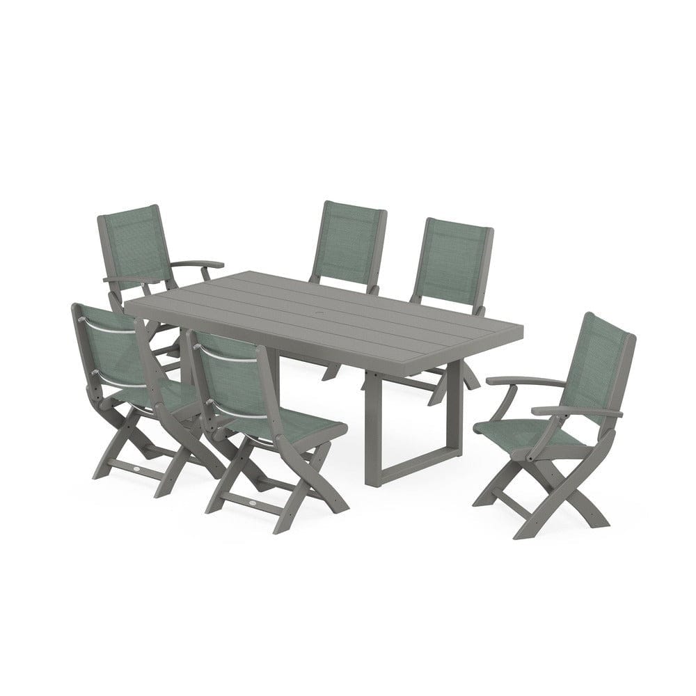 POLYWOOD® Outdoor Furniture Slate Grey / Dupioni Sea Mist Sling POLYWOOD® - Coastal Folding Chair 7-Piece Dining Set with Trestle Legs - PWS871