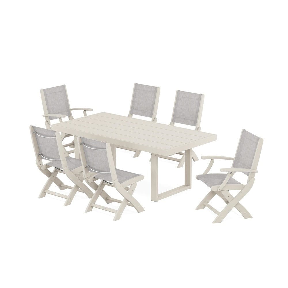 POLYWOOD® Outdoor Furniture Sand / Parchment Sling POLYWOOD® - Coastal Folding Chair 7-Piece Dining Set with Trestle Legs - PWS871